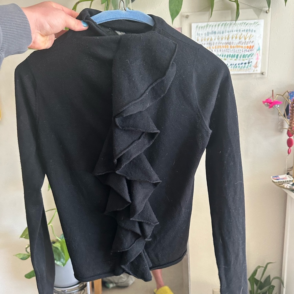 DKNY ruffle black long-sleeve shirt.